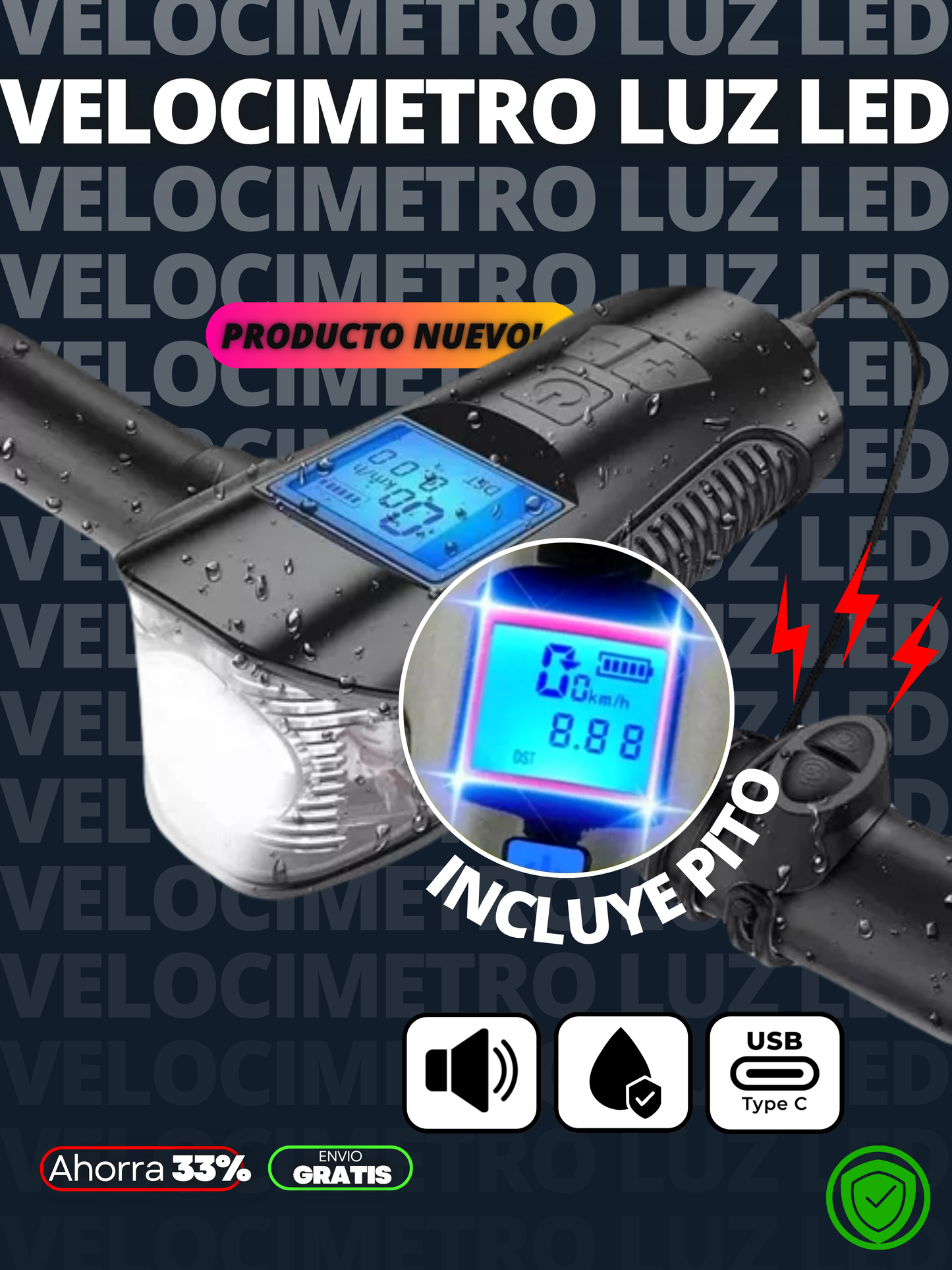 VELOCIMETRO LUZ LED MULTIFUNCIONAL CON BOCINA + ENVIO GRATIS