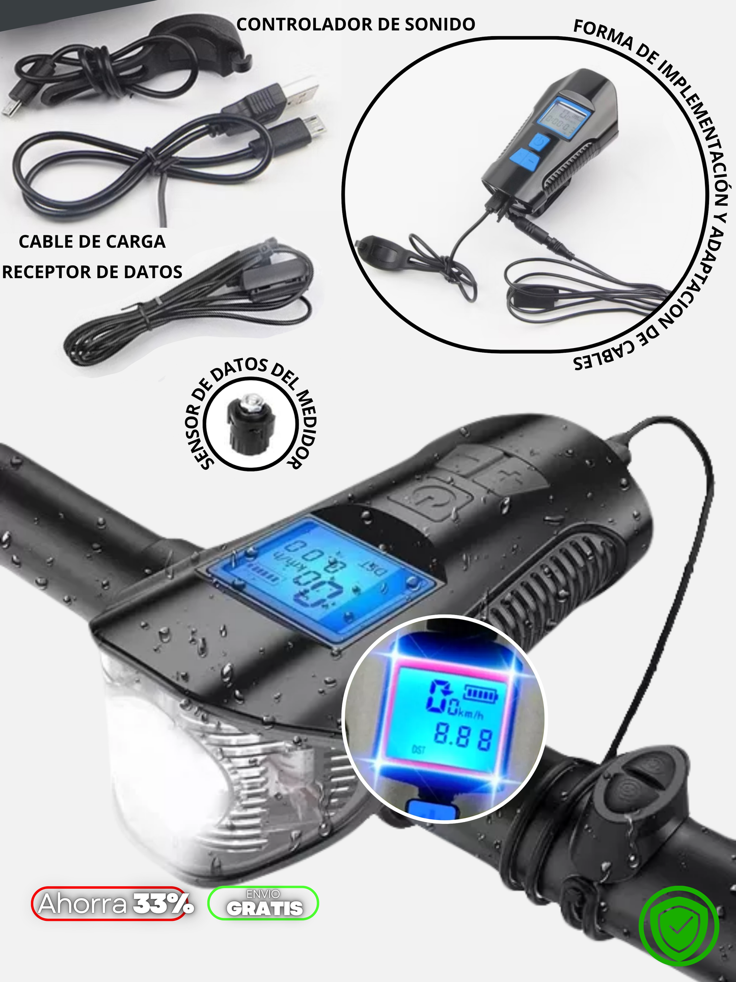 VELOCIMETRO LUZ LED MULTIFUNCIONAL CON BOCINA + ENVIO GRATIS