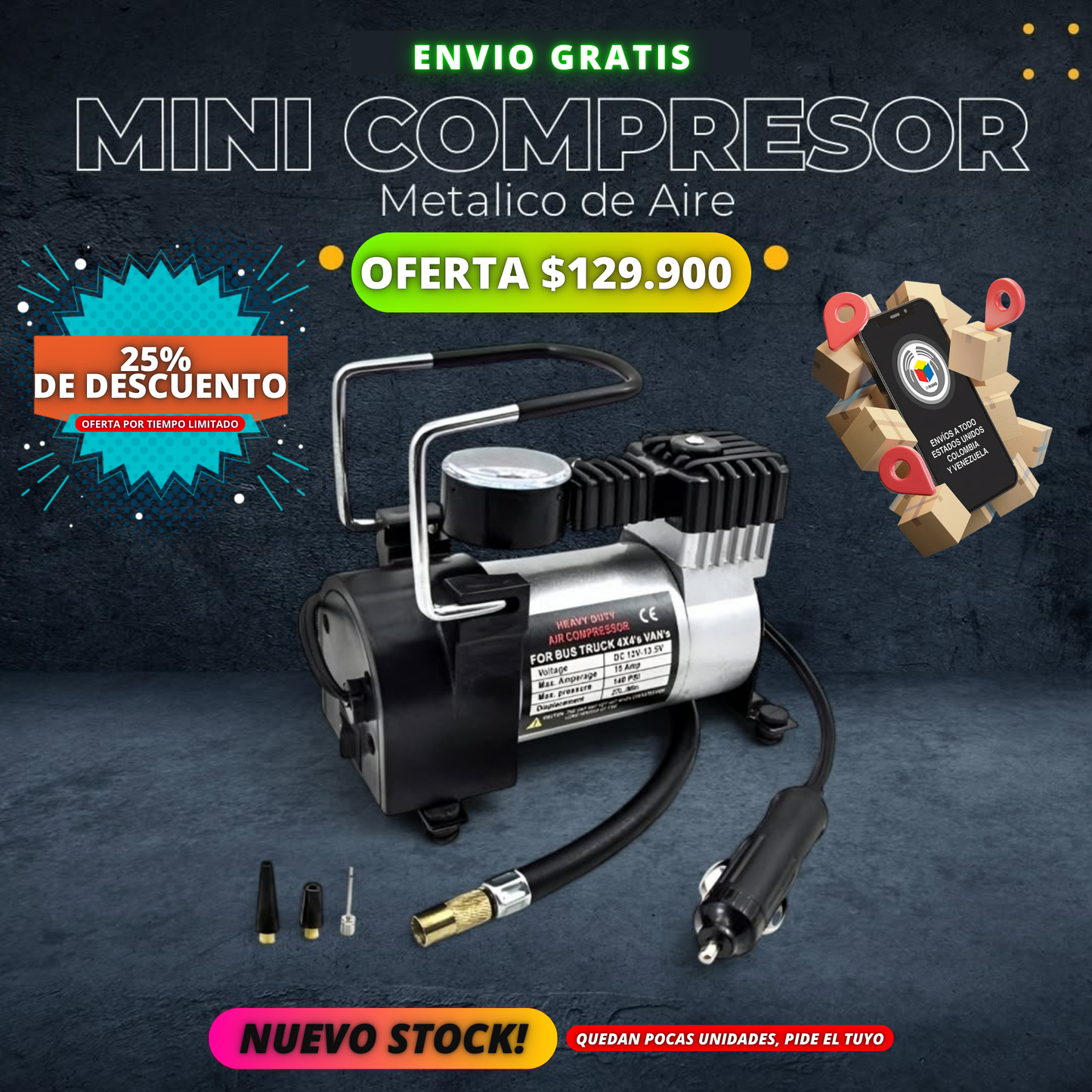 MINI COMPRESOR PORTATIL PARA AUTO + ENVIO GRATIS